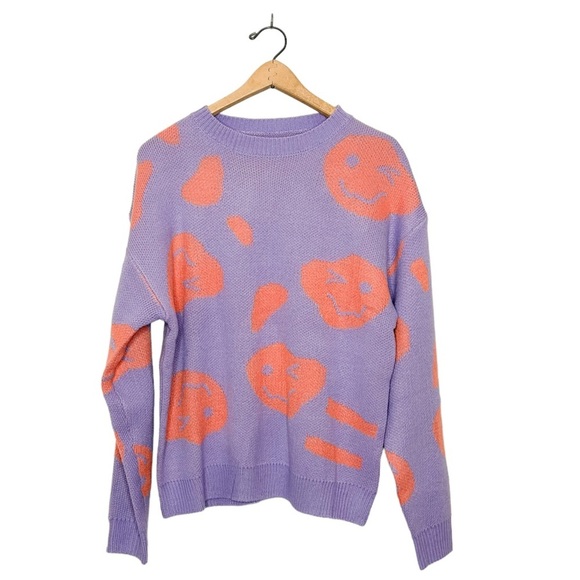 SHEIN Smiley Face Emoji Pastel Purple‎ Knit Crew Neck Sweater Medium M - Picture 1 of 8